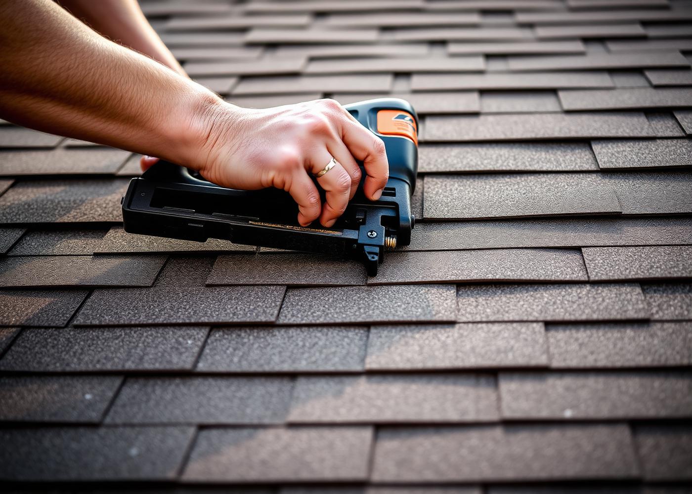 Close detail of architectural shingles being fastened